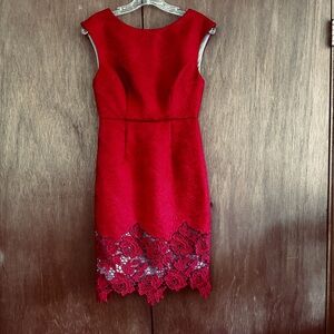 Tracy Reese red dress with embroidery & cut out detail. Fully lined. Size 0.